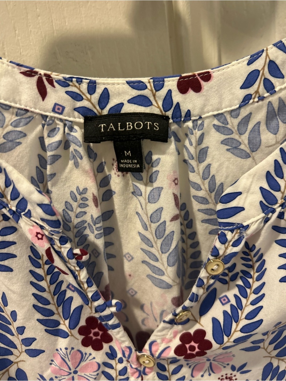 Talbots Blue and Pink Floral Split V-Neck Peasant Blouse - Picture 6 of 7